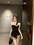 Purely Sexual One-Shoulder Breastplate Vest Women Summer Body Design Short Black Striped Backwear Without Accessories