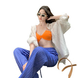 2025 Seaside Resort Suit Women's Casual Sunscreen Shirt Shirt + Bikini Sling + Wide Leg Pants