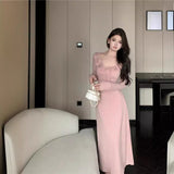 Spring And Autumn Lotus Edge Strapped Bottom Dress 2026 New Knitted But Hip Dress Women's Pink Dress