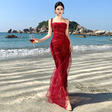 Red Engagement Dress High-End Light Luxury Niche Heavy Industry Lace Sexy Fish Bone Corset Corset Corset Corset Wedding Dress