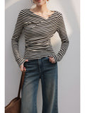 Design-Sense Striped Long-Sleeved Sleeve-Shouldered T-Shirt For Women's New Irregular Blouse In Early Fall 2025
