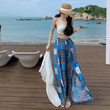 2025 Seaside Holiday Travel Wind Sun Wide Leg Trousers Mowing Floor + Bohemian Bikini Knitted Top