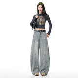Vintage Scissors Jeans Female Star Print Pants Loose Straight Water Wash Old Broad Leg Pants