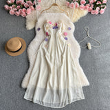 Atmosphere Fairy Vacation Dress French Colored Three-Dimensional Flowers High Waist Slim Temperament Suspension Chiffon Dress