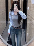 Striped Two Pieces Spliced Long-Sleeved T-Shirt Women's Early Autumn New Casual Design Slimming Top
