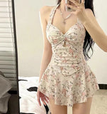 Yan Swimsuit Lady Pure Pink Dress Shading Belly Thin Conservative Hanging Neck Sexy Conjoined Hot Spring Korean Swimsuit