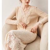 Lace Side Design Shows Noble Baby Goat Knitted Cardigan V Collar Loose Short Wool Coat