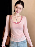 Pink U-Neck Front Shoulder Sunscreen Long-Sleeved T-Shirt Women Summer With Slings Out Two Sets Of Tulle Air Conditioning Tops