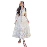 Bohemian Lyso Lace Hook Flower Super Fairy Apricot Long Dress Holiday High Waist Thin Horn Sleeve Dress