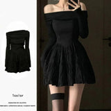 One-Word Shoulder Niche Thin Short Skirt Temperament Black Design Folded A-Character Dress Long-Sleeved Dress Spring And Autumn Girl