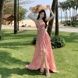 2026 Super Fairy Temperament Pink Crumumbled Hanging Dress Women Spring New Chiffon Splicing Long Dress Holiday Dress