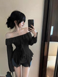 One-Word Shoulder Lotus Leaf Side Long-Sleeved T-Shirt Girl Autumn And Winter Pure Sweet Hot Girl Bare Shoulder Dress Irregular Bottom Shirt