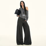 25Th Ootd!| Hairy Trousers Autumn And Winter Low-Waist Buttons Loose Tug Broad Leg Pants Dark Gray Black