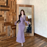 Lightly Styled Temperament Yujie V Tie With Lace Dress Women Spring And Autumn New Waist Thin Bag Hip Fishtail Skirt