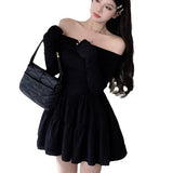 One-Word Shoulder Niche Thin Short Skirt Temperament Black Design Folded A-Character Dress Long-Sleeved Dress Spring And Autumn Girl