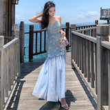 2025 Lace Sling Dress Women's Summer Seaside Resort Style To Collect Waist Removable Mesh Dress