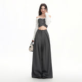 Korean High-End Gray Lace-Tuited Casual Pants Women 2026 New Autumn Drag Broad-Legged Straight Trousers