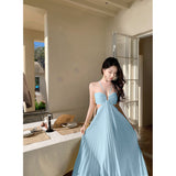 2026 French High-End Light Blue Hollow Hanging Neck Dress Sexy Folded Holiday Dress Summer