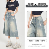 2025 Summer Denim Shorts Women New Retro Old Star Print Loose Seven-Point Pants
