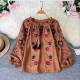 2025 New Bohemian Retro Embroidery Print Top Women Loose Casual French Chic Long-Sleeved Shirt
