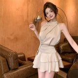 Summer Thousands Of Gold Sense Court Style Temperament Pure Desire Blouse Leaf Side Half Dress Two Suit Dress Woman