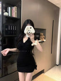 Spice Girls Black V-Necked Twinning Short-Sleeved Dress Women Summer Slim Short Skirt Temperament Pocketed Skirt