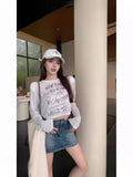 Summer Retro Old Letter-Print T-Shirt Women's Thin Long-Sleeved Hoodie Loose Short-Term Umbilical Top