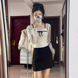 Pure Wind Design With Bow Slings Knitted Shirts Two Sets Of Women's Spring New Small Clothes On The Tide
