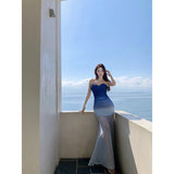 French Blue Gradient Tset Skirt Long High-End Feel Waist-Buffed Fishtail Seaside Holiday Dress