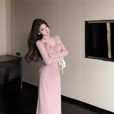 Spring And Autumn Lotus Edge Strapped Bottom Dress 2026 New Knitted But Hip Dress Women's Pink Dress