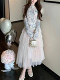 Ballet In The Mirror Heavy Industry Flower Embroidery Sweater Set High-Schamed Fish Bone Soft Yarn Skirt