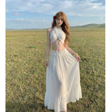 White Hanging Neck Waist Skirt Suit Female Summer Seaside Holiday Fairy Long Half Skirt Two-Piece