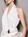 | High-Enightd Densate Pearl Luster | Metal Leaf Decoration Deconstruction Cut Hanging Neck Top