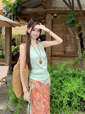 Dopamine Island Vacation Set Beautiful Hanging Neck Vest Suspension Half-Beauty Dress Two-Sleeve