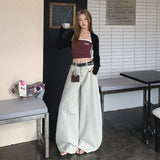 6008 Gray-White Retro Single-Dlong Jeans Women Loose Wide Legs Long Pants