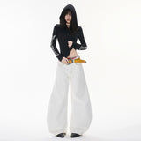 Vintage Wide-Legged Denim Slacks Autumn New Loose-Hanging Scimits Straight Trousers Pure Black