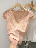 Sweet Lace Pink Splicing V-Neck Short-Sleeved T-Shirt Summer New Korean Niche Design Blouse