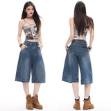 Vintage Paris Buckle Design Bamboo Denim Fabric Seven-Point Broad Leg Pants 2026 New Women's Thin Summer