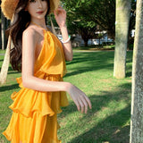 2025 California Sunset Holiday Romantic Dress Multi-Layer Lotus Leafy Short Dress Dress Dress
