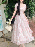 First Love French Style Collar Romantic Floral Spun Dress Women's Summer Large-Size Temperament To Close The Waist Thin Fairy Dress