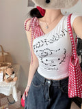 5118 # Summer New Sweet And Spicy Kitty Cat Lattice Spliced Oblique Shoulder Vest T-Shirt Female Side Strap Chest Cushion