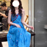 French Blue Sling Dress Woman 2025 Summer New Seaside Vacation Unique Beautiful Floral Long Dress