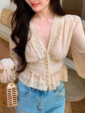 Fairy Lace Shirt V Collar Temperament Thin Folded Lantern Sleeve Chiffon Pearl Buckle Temperament Shirt Summer