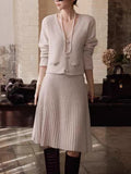 Soft-Cough Light Milk Tea Elegant Italian Cashmeal Knitted Blouse + Skirt Set