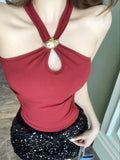 2902 # Summer New Pure Desire Wind Hollow Hanging Neck Vest Slimming Female Fixed With Chest Mat