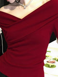 French Sweet Hottie Red Shoulder V Collar Bottom Shirt Women With Long-Sleeved T-Shirt Beautiful Blouse Autumn And Winter