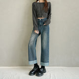 Autumn High-Waisted Ripping Elastic Straight Jeans Women's Large-Size Slim Slim-Skin-Nine Trousers Small