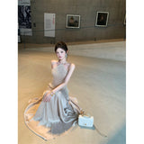 2026 French Hanging Neck Dress Women Autumn Lace Splicing Ribbon Dress High-End Temperament Dress