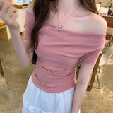 0829# Folded Design Sense Chestless Cushion Integrated Short-Sleeved T-Shirt Repair Pure Color Carefully Hottie Top