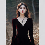 Famous Temperament Velvet Dress Women Autumn And Winter New Feeling Slim Back Slim V Collar Bottom Fishtail Skirt